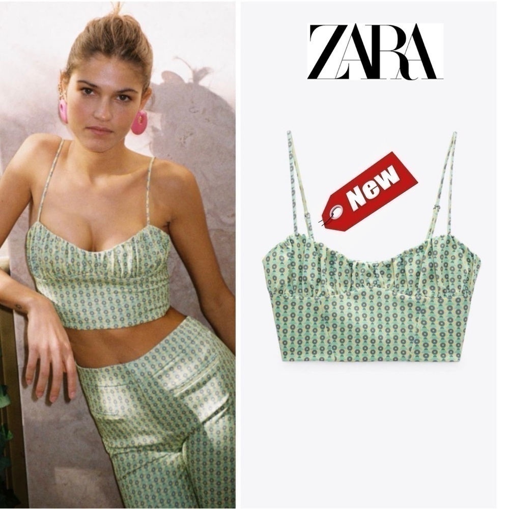 Zara mint green printed corset spaghetti strap crop top Sz S NWT